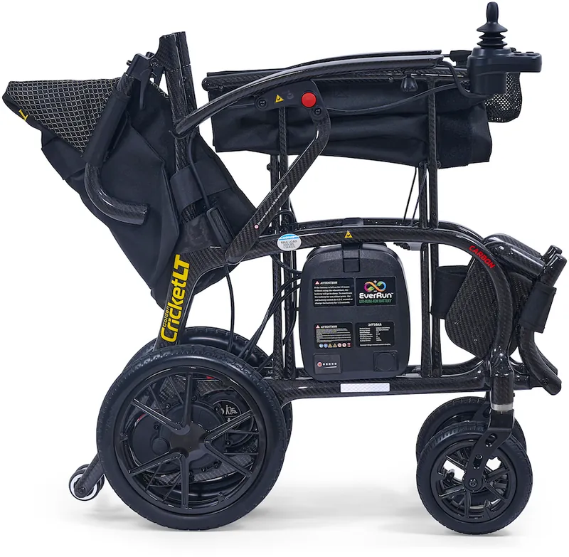 Golden Cricket LT Carbon power wheelchair folded and standing on its wheels, available in Greenacres, FL