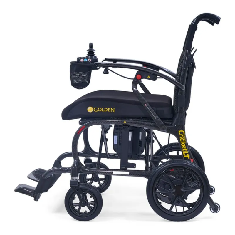 Side view of a black Golden Cricket LT Carbon folding power wheelchair with joystick and carbon fiber frame, sold at Medical Homecare Supply in Greenacres, FL