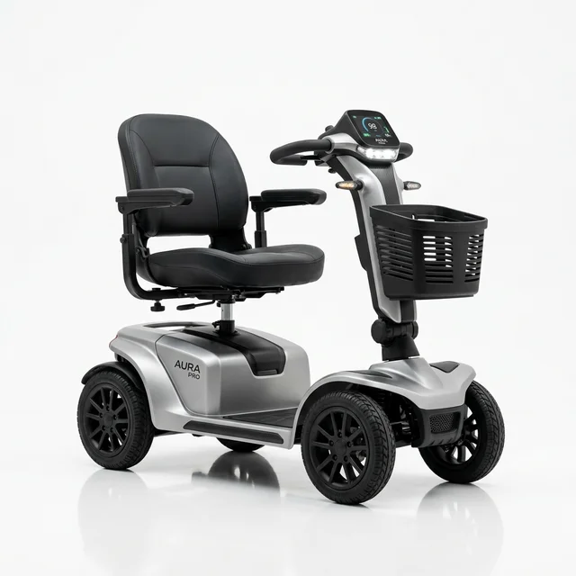 Silver four-wheel mobility scooter with front basket available to rent in Palm Beach County, FL