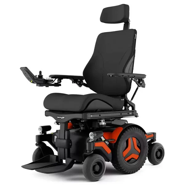 Permobil M3 Corpus power wheelchair with orange wheel accents, medical equipment repair in Greenacres, FL