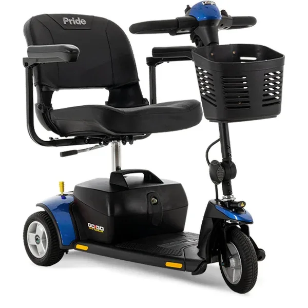 Blue Pride Go-Go Elite Traveller 3-wheel travel scooter with front basket, sold at Medical Homecare Supply in Greenacres, FL