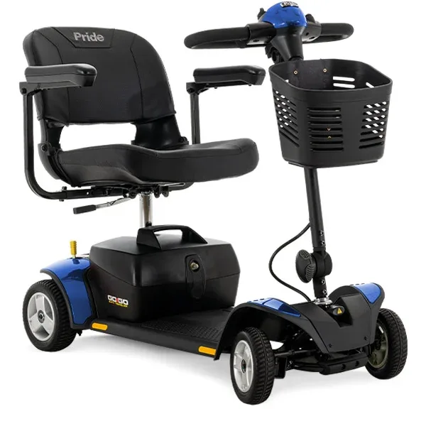 Blue Pride Go-Go Elite Traveller 4-wheel travel scooter with front basket and padded seat, sold at Medical Homecare Supply in Greenacres, FL