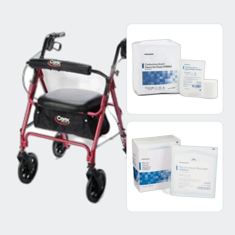 Red rollator with seat beside packaged wound-care supplies in Greenacres, FL 33463